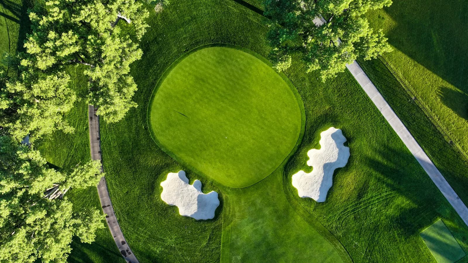 Top-down aerial of a green framed by sculpted white bunkers