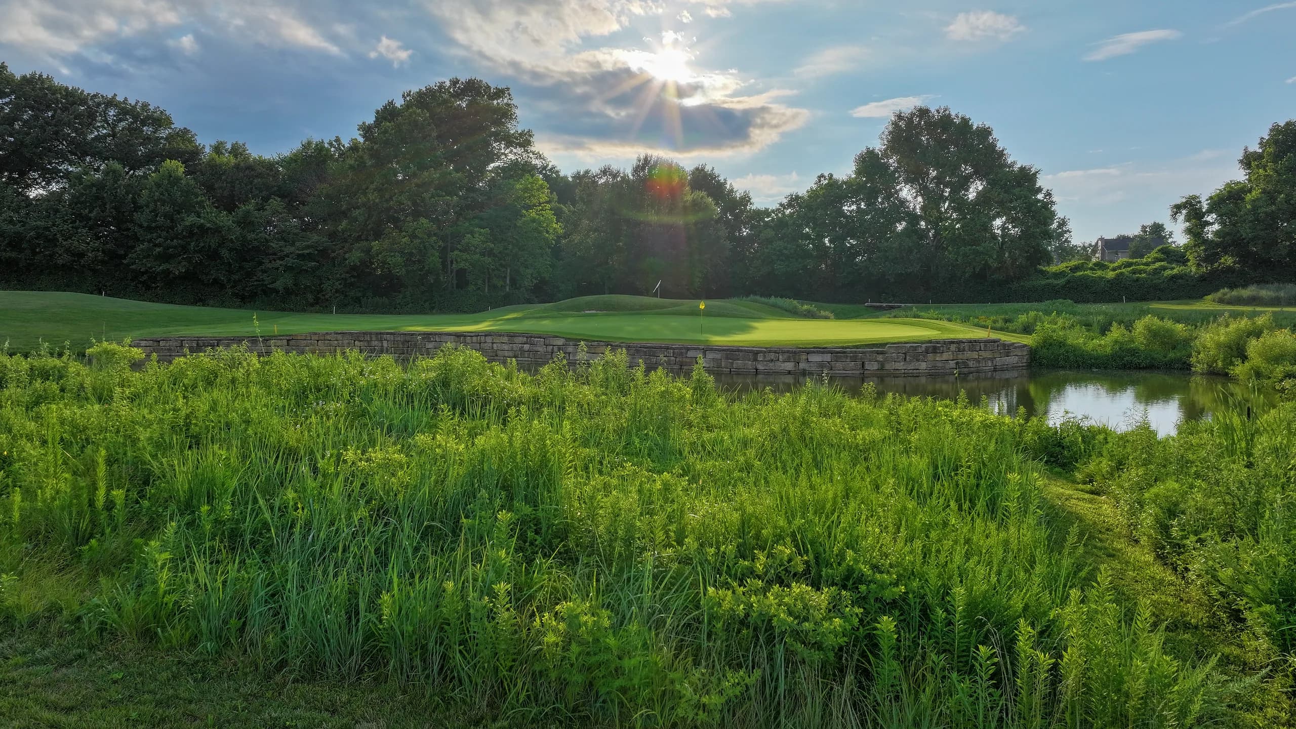 Sun-star over a stone-walled green and pond, tall grasses in the foreground