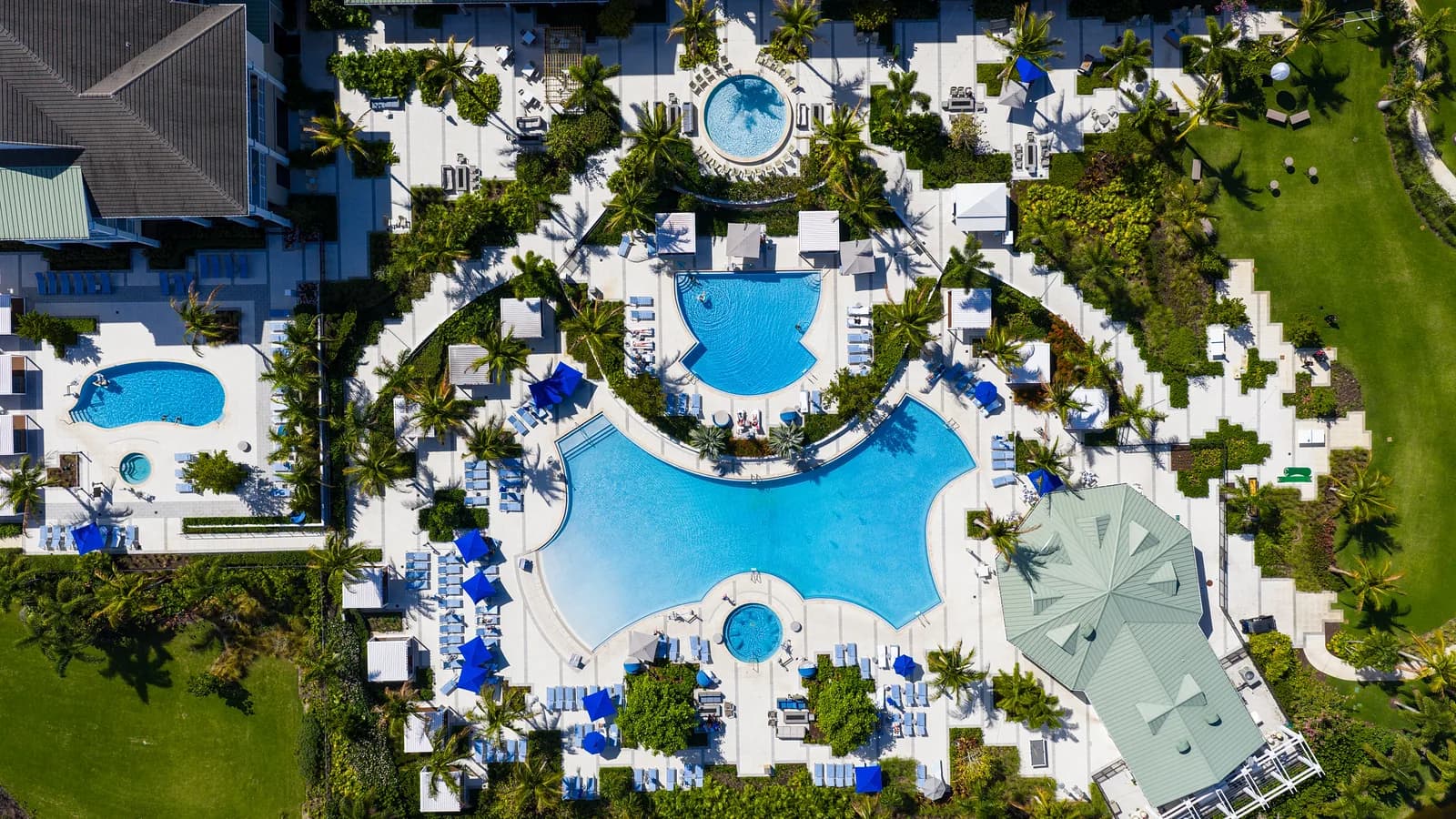 Top-down aerial of a resort pool complex with palms and cabanas