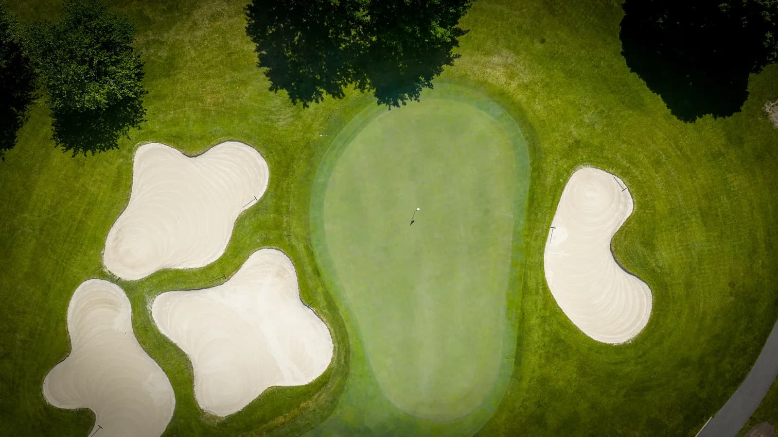 Top-down aerial of a green surrounded by a cloverleaf of bunkers